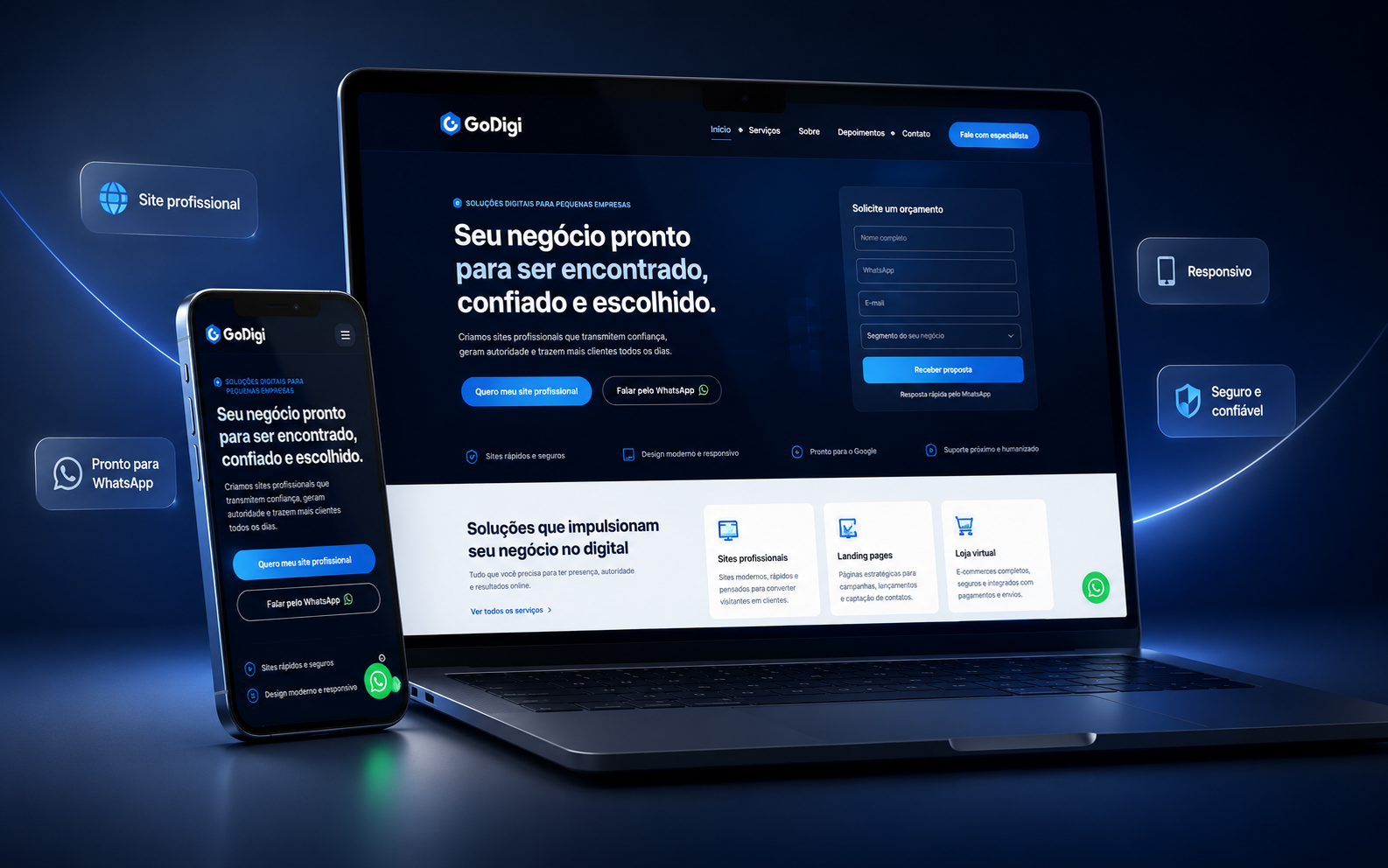 Site profissional criado pela GoDigi exibido em notebook e celular, com botão de WhatsApp